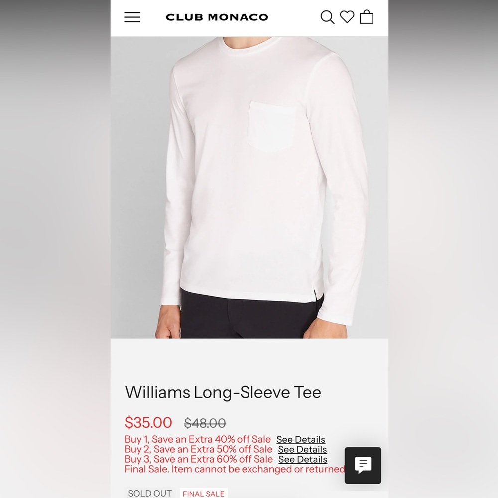 Club Monaco Williams Long Sleeve White Tee with pocket